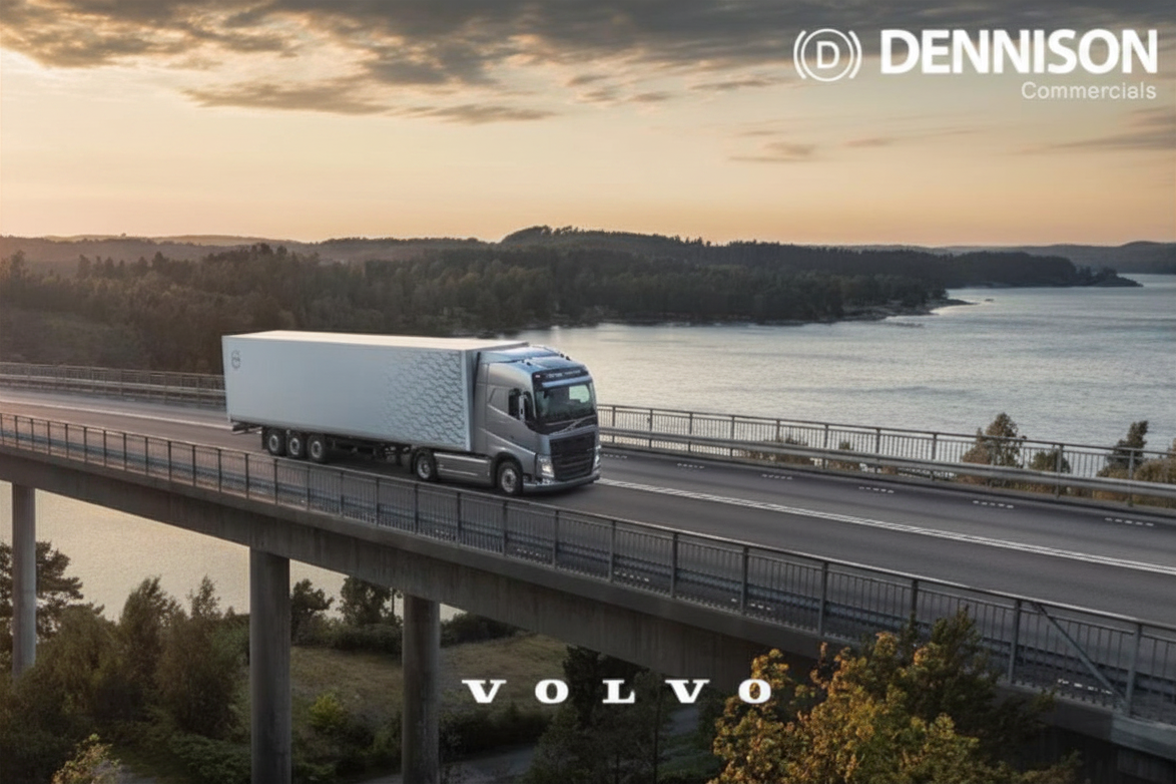 Image of Volvo lorry on bridge with Dennison commercials logo